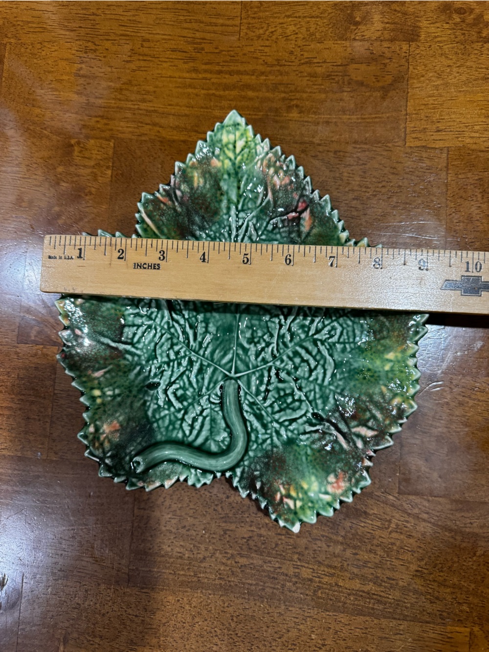 Bordallo Pinheiro Majolica Leaf Dish Green Orange Glaze Pottery Made in Portugal - Picture 11 of 11